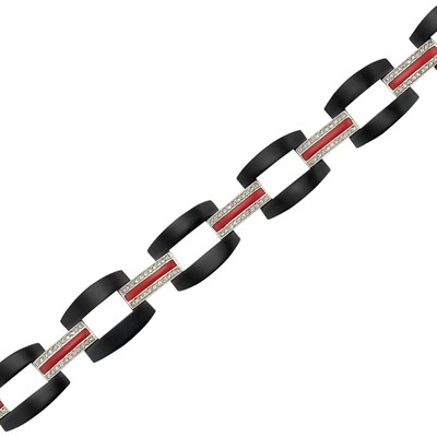 Lot 156 - Art Deco White Gold, Black Onyx, Diamond and Red Enamel Bracelet