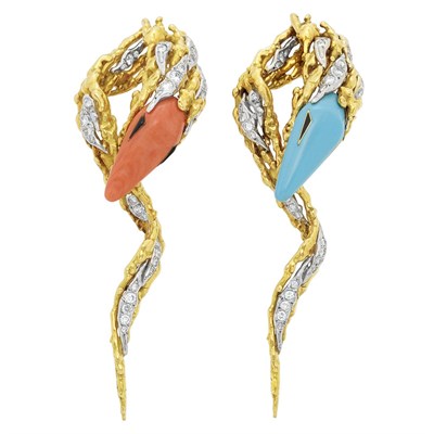 Lot 239 - Pair of Gold, Turquoise, Coral, Diamond and Enamel Swan Clip-Brooches, Sterle, Paris