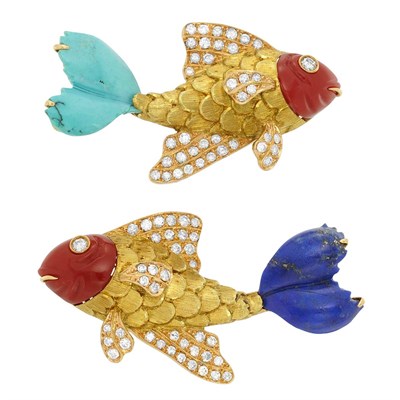 Lot 224 - Pair of Gold, Diamond, and Carved Hardstone Fish Clips, G. Nardi