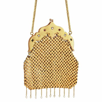 Lot 278 - Chinese Antique Gold, Gem-Set and Pearl Evening Purse with Carrying Chain