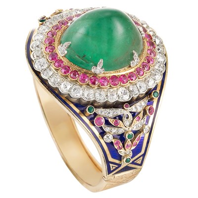 Lot 255 - Gold, Platinum, Cabochon Emerald, Gem-Set, Diamond and Blue Enamel Bangle Bracelet