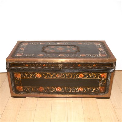 Lot 380 - Green Painted Leather and Brass Bound Trunk...