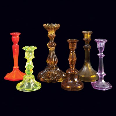 Lot 141 - Group of Colored Pressed Glass Candlesticks...