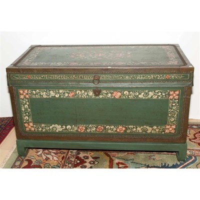 Lot 381 - Green Painted Leather and Brass Bound Trunk...