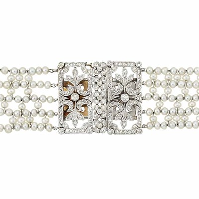 Lot 164 - Belle Epoque Multistrand Pearl, Platinum and Diamond Choker Necklace