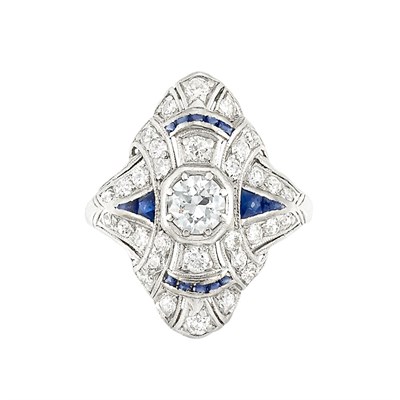 Lot 567 - Edwardian Platinum, Fancy Blue Diamond, Diamond and Simulated Sapphire Ring