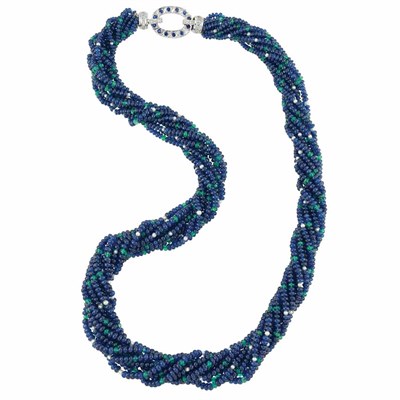 Lot 323 - Multistrand Sapphire and Emerald Bead and Seed Pearl Torsade Necklace with White Gold, Sapphire and Diamond Clasp