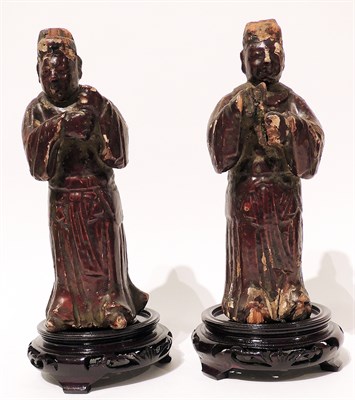 Lot 454 - Pair of Chinese Painted Wood Guardian Figures...