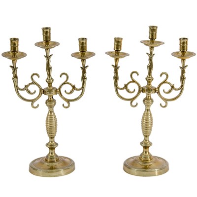 Lot 96 - Pair of English Brass Three-Light Candelabra...
