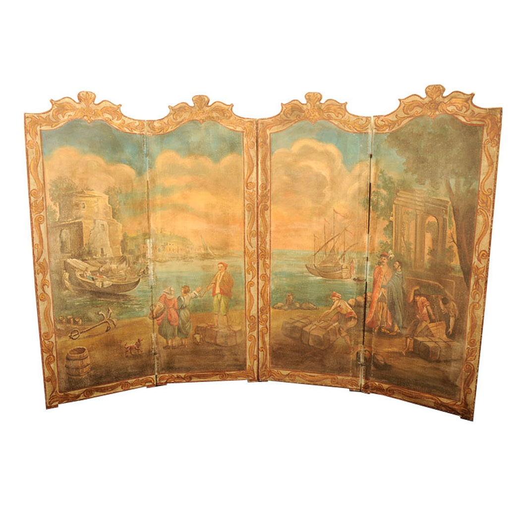 Lot 507 - French Neoclassical Painted Canvas Four-Panel...