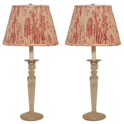 Lot 299 - Pair of Colorless Cut Glass Candlestick Lamps...