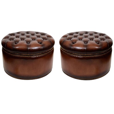 Lot 305 - Pair of Tufted Leather Ottomans Each with a...