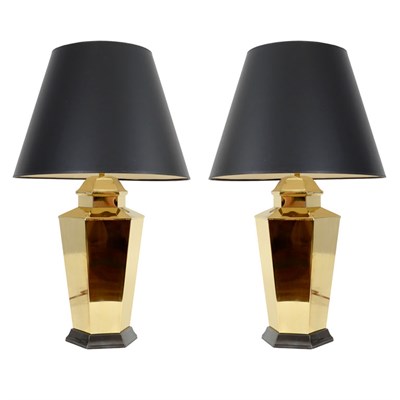 Lot 416 - Pair of Brass Lamps Each of hexagonal form....