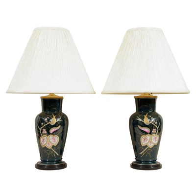 Lot 106 - Pair of French Porcelain Lamps Each decorated...