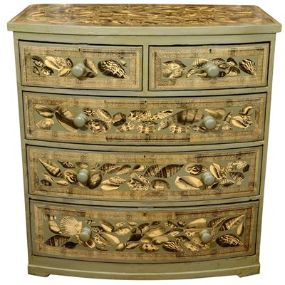 Lot 407 - English Decoupage Decorated Bow Front Chest of...