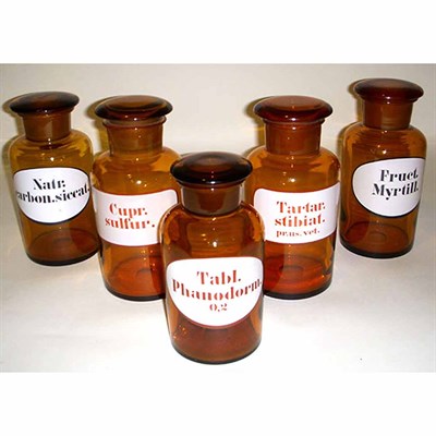Lot 252 - Group of Nine Amber Glass Apothecary Jars...