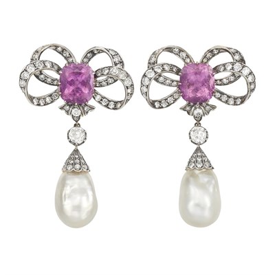 Lot 112 - Pair of White and Blackened Gold, Pink Tourmaline, Diamond and Baroque Cultured Pearl Pendant-Earrings