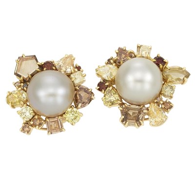 Lot 219 - Pair of Gold, South Sea Cultured Pearl and Colored Diamond Earrings