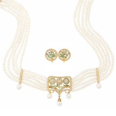 Lot 95 - Five Strand Cultured Pearl, Gold, Enamel and Diamond Necklace and Pair of Earrings, Masriera