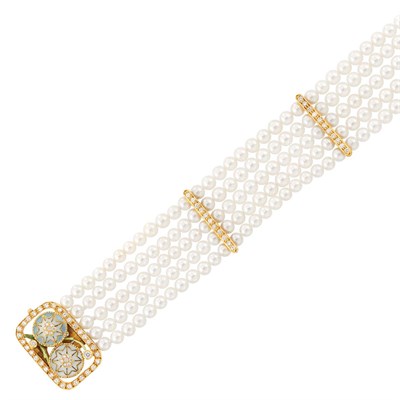 Lot 94 - Five Strand Cultured Pearl, Gold, Enamel and Diamond Bracelet, Masriera