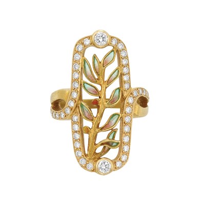 Lot 96 - Gold, Plique-a-Jour Enamel and Diamond Ring, Masriera