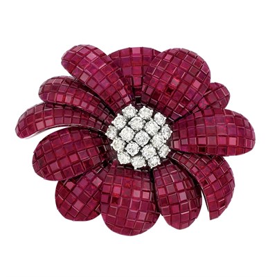 Lot 329 - White Gold, Invisibly-Set Ruby and Diamond Flower Pendant-Brooch, Alexis