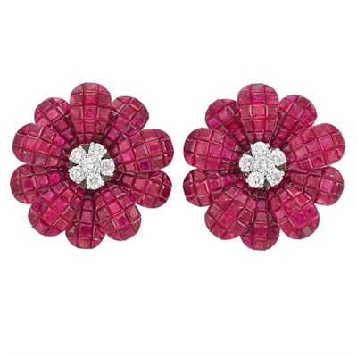 Lot 545 - Pair of Invisibly-Set Ruby and Diamond Flower Earclips, Alexis