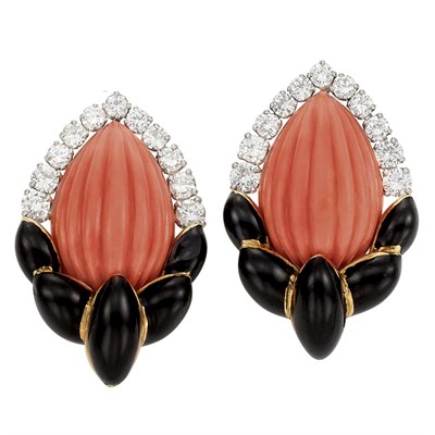 Lot 520 - Pair of Gold, Platinum, Fluted Coral, Diamond and Black Enamel Earclips, David Webb