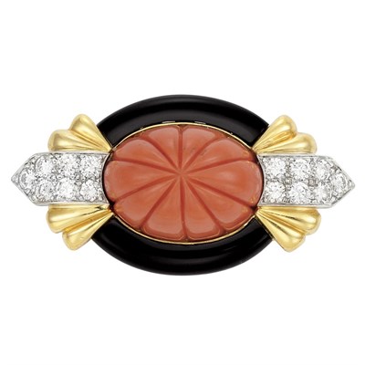 Lot 519 - Gold, Platinum, Fluted Coral, Diamond and Black Onyx Clip-Brooch