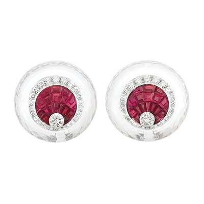 Lot 540 - Pair of Rock Crystal, Invisibly-Set Ruby and Diamond Earclips, Aletto Brothers