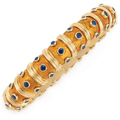 Lot 509 - Gold, Yellow Paillonne Enamel and Sapphire Bangle Bracelet, Tiffany & Co., Schlumberger