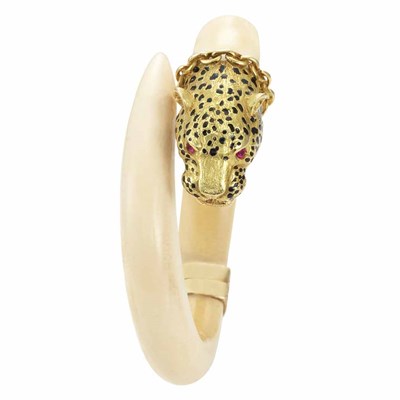 Lot 287 - Bone, Gold, Black Enamel and Ruby Leopard Head Crossover Bangle Bracelet, France