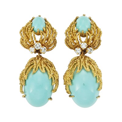 Lot 243 - Pair of Gold, Turquoise and Diamond Pendant-Earclips, Van Cleef & Arpels
