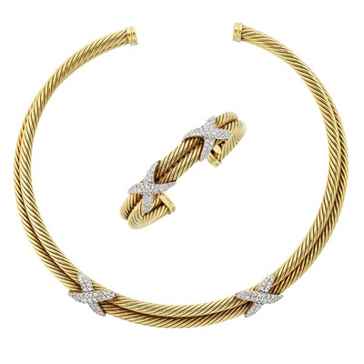 Lot 6 - Two-Color Gold and Diamond Choker Necklace and Bangle Bracelet, David Yurman