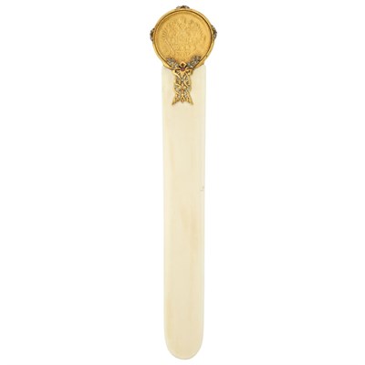 Lot 70 - Antique Russian Silver-Gilt Coin, Silver, Silver-Gilt,  Diamond, Cabochon Ruby and Bone Letter Opener