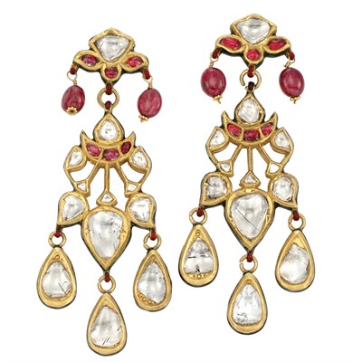 Lot 37 - Pair of Indian Gold, Foiled-Back Diamond, Ruby Bead and Jaipur Enamel Pendant-Earrings