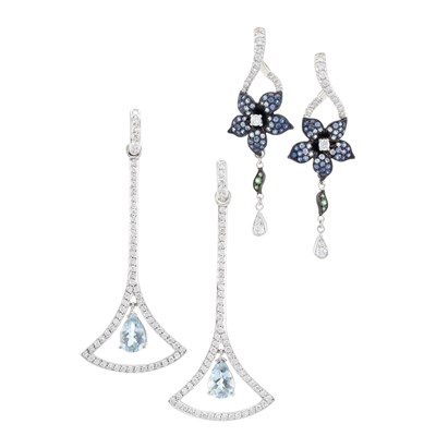 Lot 453 - Pair of White Gold, Diamond and Aquamarine Pendant-Earrings and Tanzanite and Diamond Flower Pendant-Earrings