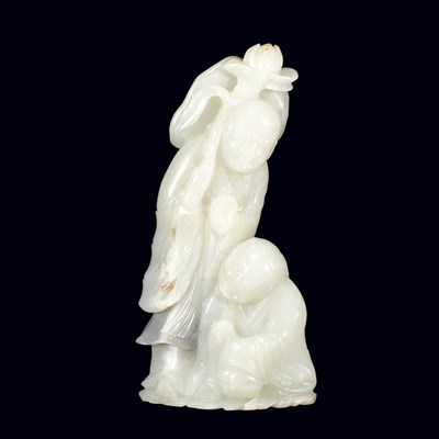 Lot 199 - Chinese White Jade Carving of Shoulao and Boy...