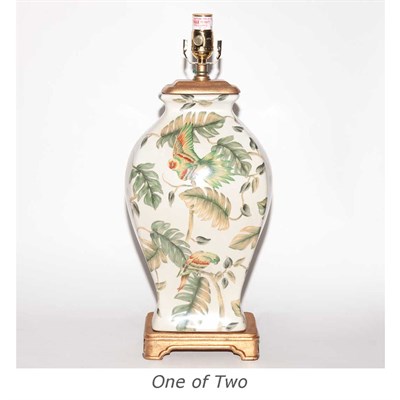 Lot 370 - Pair of Bird Painted Porcelain Lamps Height 16...
