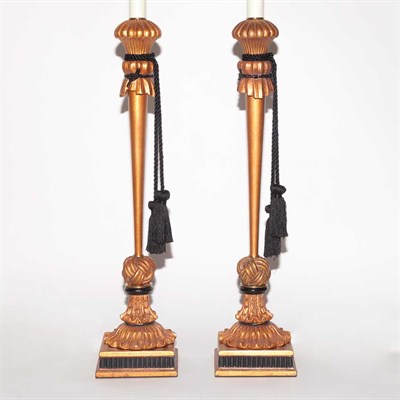 Lot 349 - Pair of Painted Wood Candlestick Lamps with...