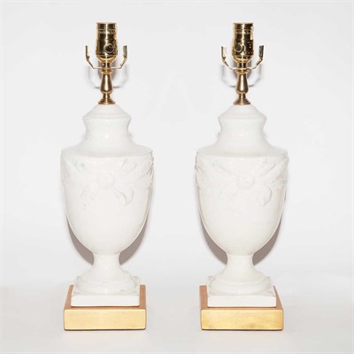 Lot 300 - Pair of White Glazed Pottery Urn-Form Lamps...