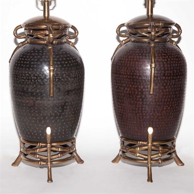 Lot 407 - Pair of Chinese Style Metal Lamps Height 21...