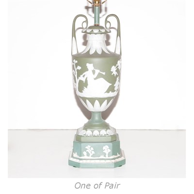 Lot 594 - Pair of Wedgwood Style Green Jasperware Lamps...