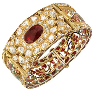 Lot 54 - Indian Gold, Foiled-Back Garnet and Diamond, Enamel and Jaipur Enamel Bangle Bracelet