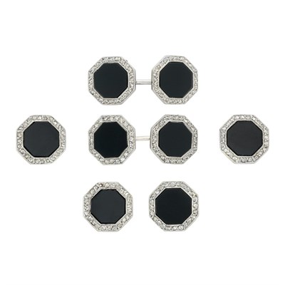 Lot 179 - Art Deco Platinum, Black Onyx and Diamond Dress Set