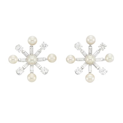 Lot 190 - Pair of Natural Button Pearl and Diamond Earclips