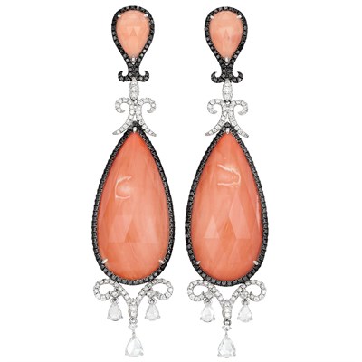 Lot 381 - Pair of White Gold, Coral Quartz, Diamond and Black Diamond Pendant-Earrings