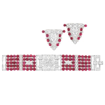 Lot 618 - Art Deco Five Strand Platinum, Diamond and Synthetic Ruby Bead Bracelet and Pair of Clip-Brooches