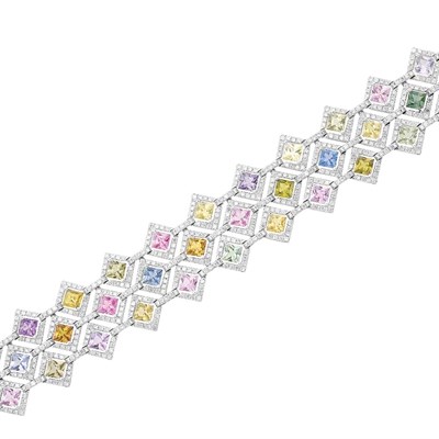 Lot 103 - White Gold, Multicolored Sapphire and Diamond Bracelet