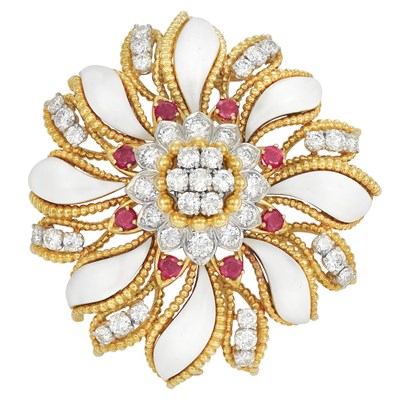 Lot 521 - Gold, Platinum, Diamond, Ruby and White Enamel Clip-Brooch, David Webb